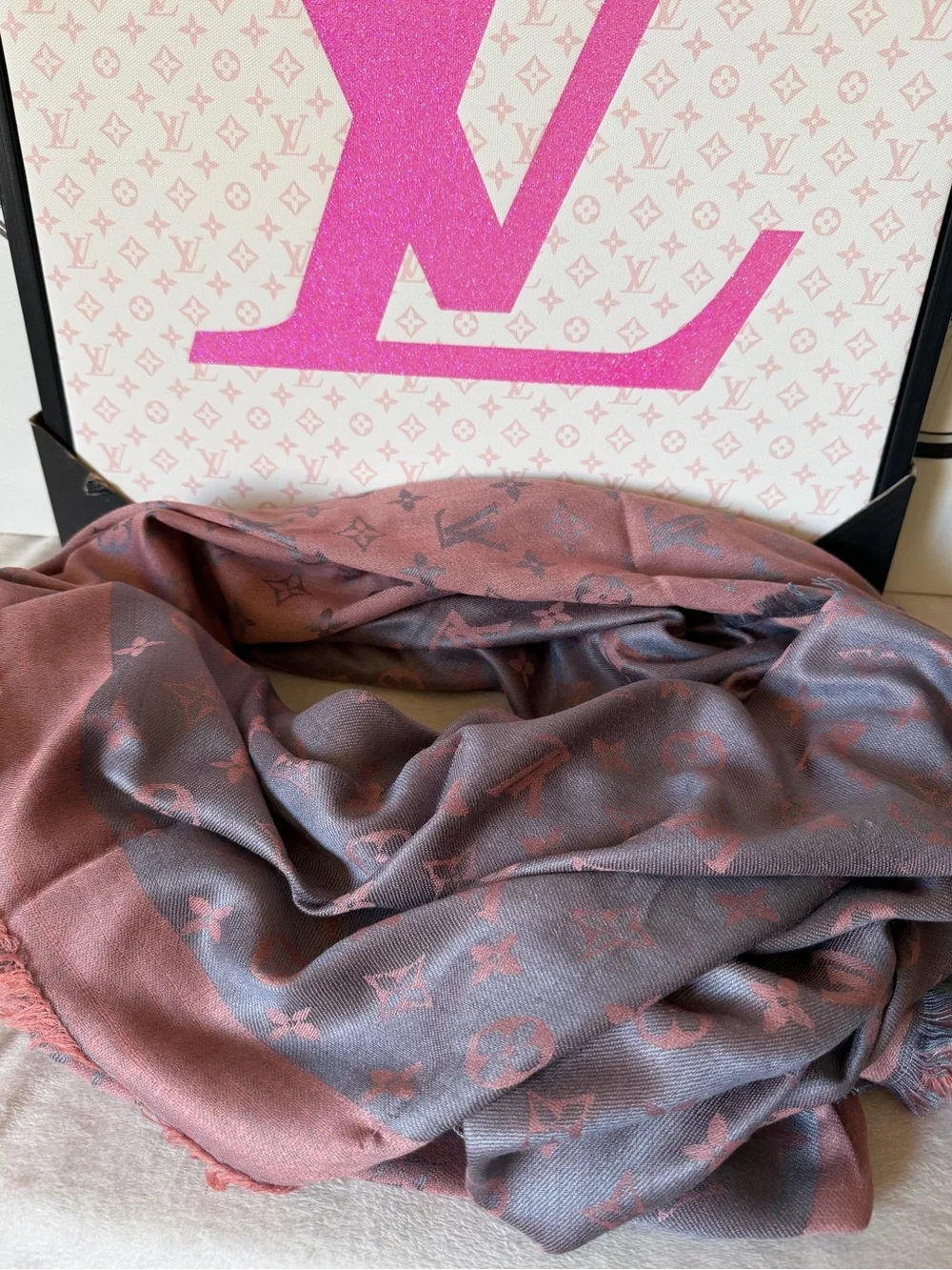 Louis Vuitton Grey Pink Reversible Monogram Large Scarf Shawl